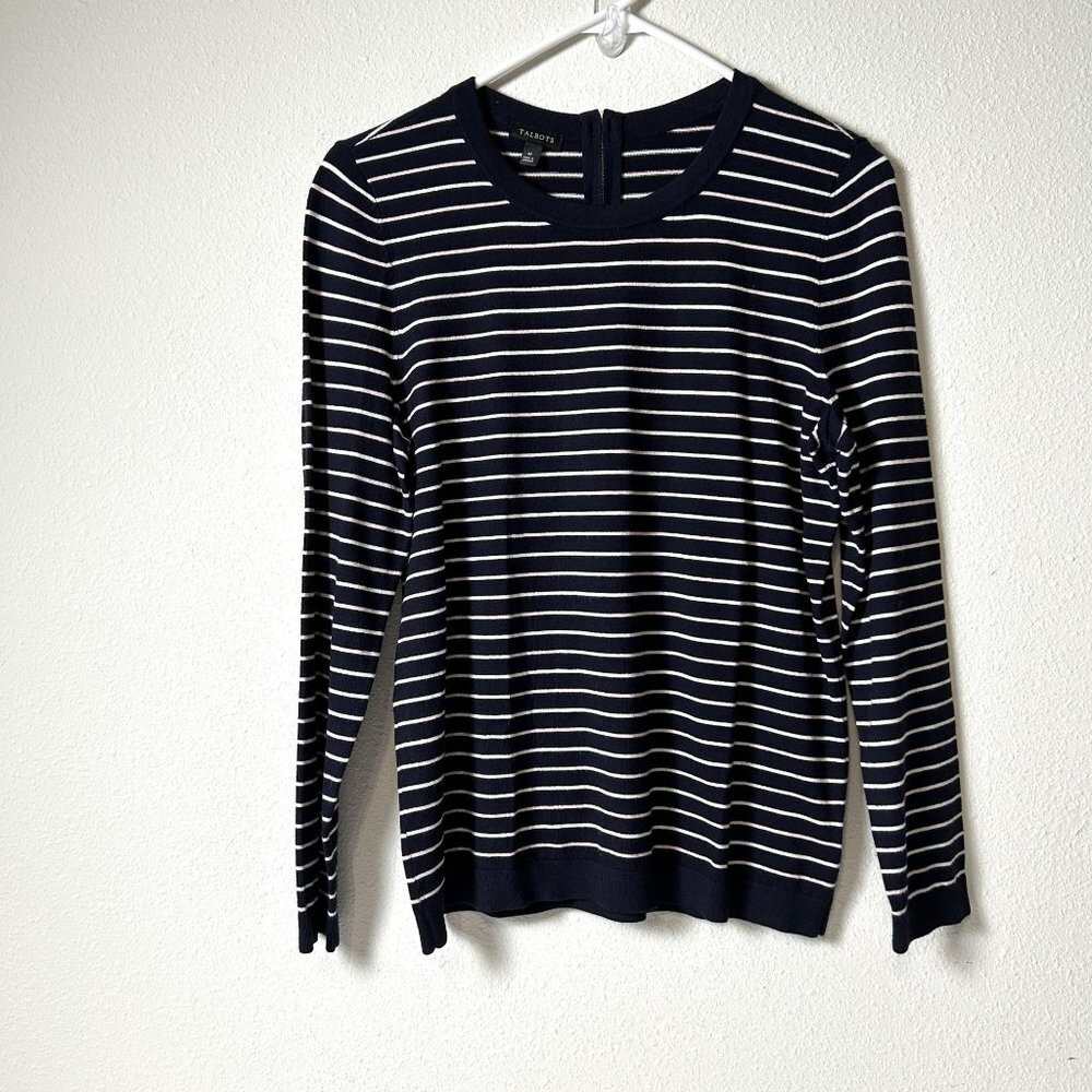 Talbots Sweater Womens‎ M Navy White Pink Striped Back Zip Long Sleeve Pullover